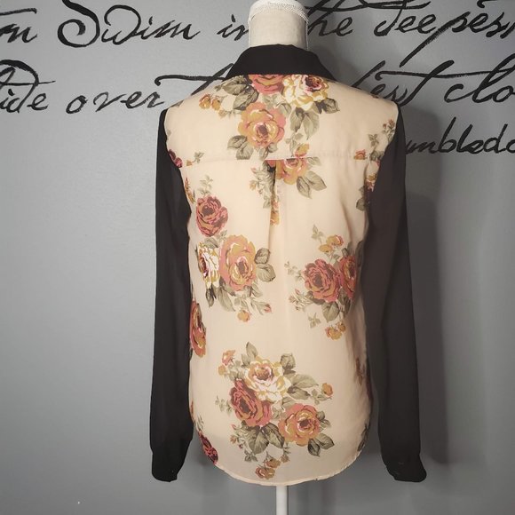 Forever 21 Chiffon Floral Button Up Top with Black Long Sleeve, S - Picture 3 of 5